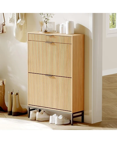 gaomon Fluted Shoe Storage Cabinet, Narrow Shoe Organizer with 2 Flip Drawers