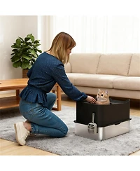 Aostirmotor Black Stainless Steel Top-Entry Cat Litter Box with Scoop & Odor Control – 17.2 Gallon, for Cats