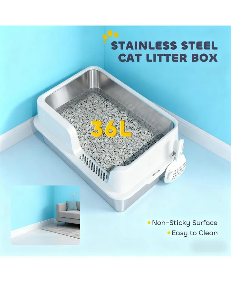 Aostirmotor Light Gray Stainless Steel Litter Box for Large Cats: High Sides & Scoop, Elevate Your Space with Sleek