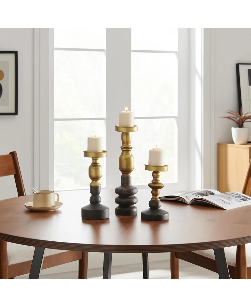 Danya B Nara Antique Brass and Vintage Wood Taper Candle Holders - Set of 3