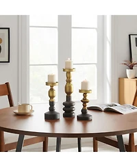 Danya B Nara Antique Brass and Vintage Wood Taper Candle Holders - Set of 3