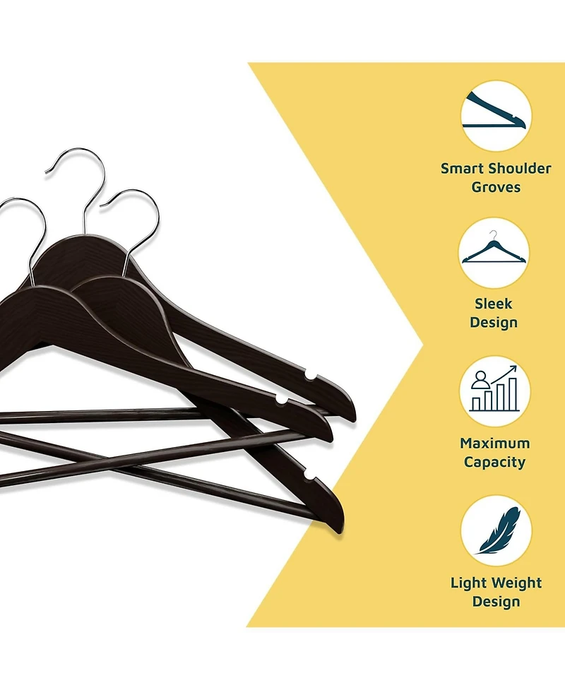 Lifemaster 80-pack brown wooden hangers with 360° swivel hook, non-slip notches, and pants bar. Supports up to 10 lbs—ideal for suits, dre