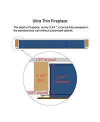 Flynama 42" recessed ultra-thin wall-mounted electric fireplace with tempered glass, remote, Led heater, multi-color flame & emberbed