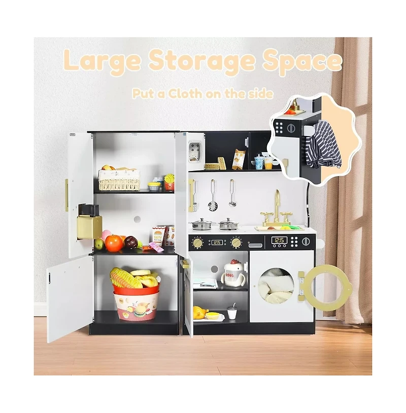 Kinder King Pretend Play Kitchen Wooden Toy Set for Kids with Sounds, Utensils, Oven & Microwave, Gift Age 3+