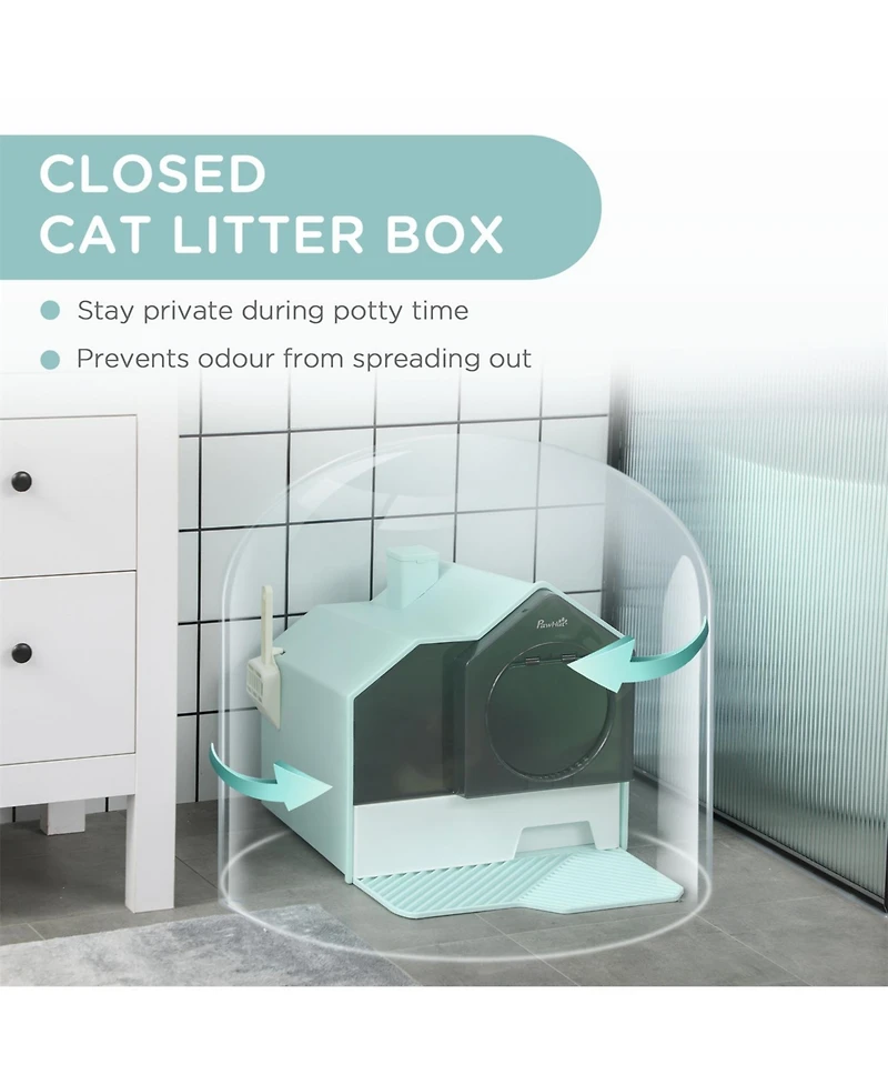 Aostirmotor Easy-Clean Hooded Cat Litter Box Set with Odor Control Mat, Pull-Out Drawer, Scoop & Handle in Light Blue
