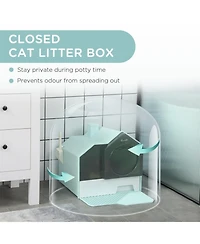Aostirmotor Easy-Clean Hooded Cat Litter Box Set with Odor Control Mat, Pull-Out Drawer, Scoop & Handle in Light Blue
