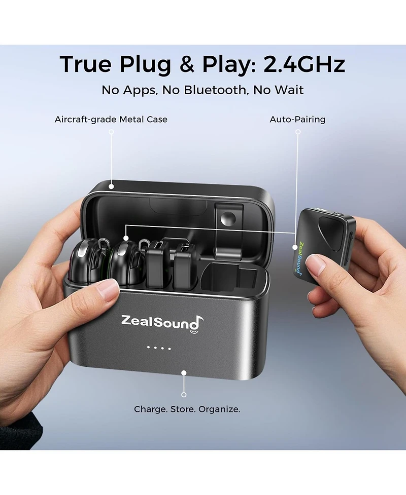 ZealSound Wireless Lavalier Mic for iPhone Android Camera Usb C Lightning 24GHz Noise Cancellation 40H Battery Charging Case 1000ft Range for Vlog