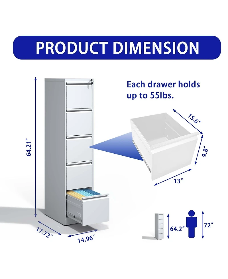 5 Drawer Metal Vertical File Cabinet with Lock Office Home Steel Vertical File Cabinet for A4 Legal/Letter Size