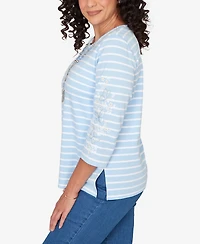Alfred Dunner Petite Classic Stripe Cornflower Embroidered Sleeve Top with Necklace