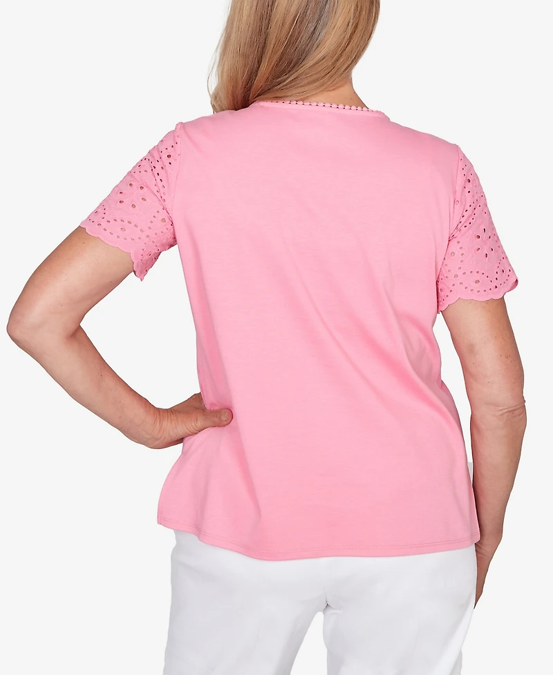 Alfred Dunner Petite Classic Solid Eyelet Sleeve Top with Necklace