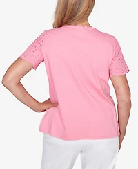 Alfred Dunner Petite Classic Solid Eyelet Sleeve Top with Necklace