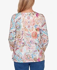 Alfred Dunner Petite Classic Paisley Floral Pleated Neck Top