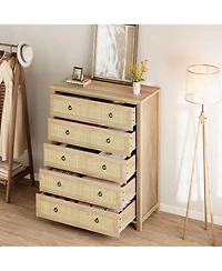 gaomon 5-Drawer Rattan Tall Dresser, 45" Wooden Chest for Clothes Storage, Drawer Organizer, Bedroom, Home, Natural