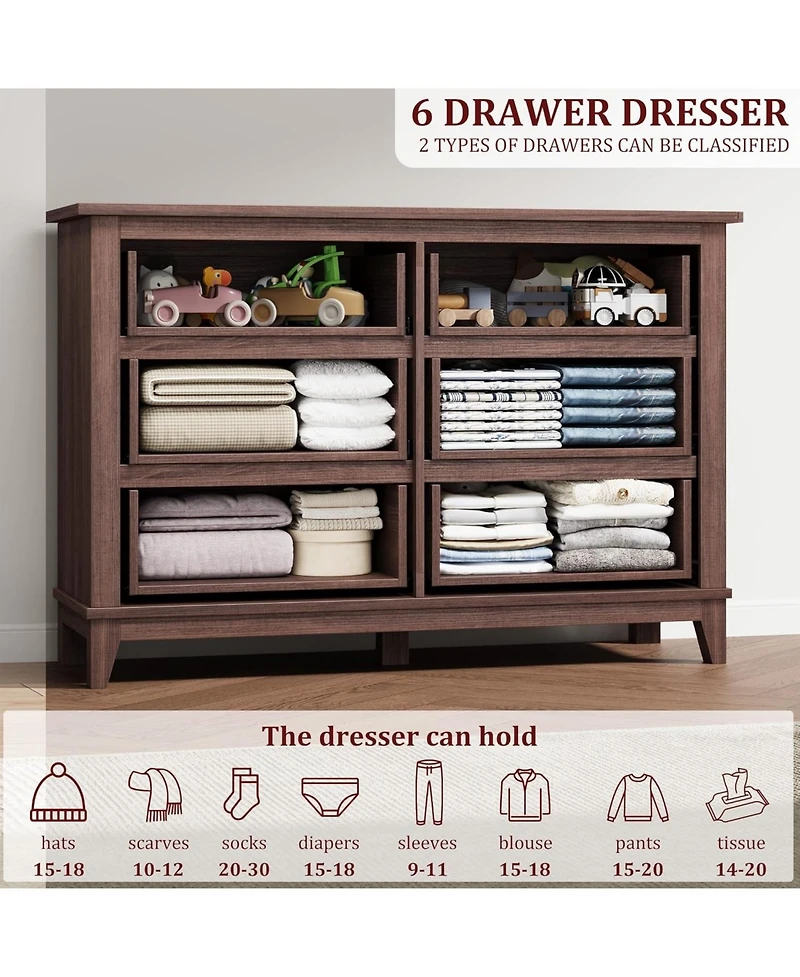 gaomon 6-Drawer Rustic Brown Wooden Dresser, 47" Freestanding Storage Chest for Bedroom, Living Room