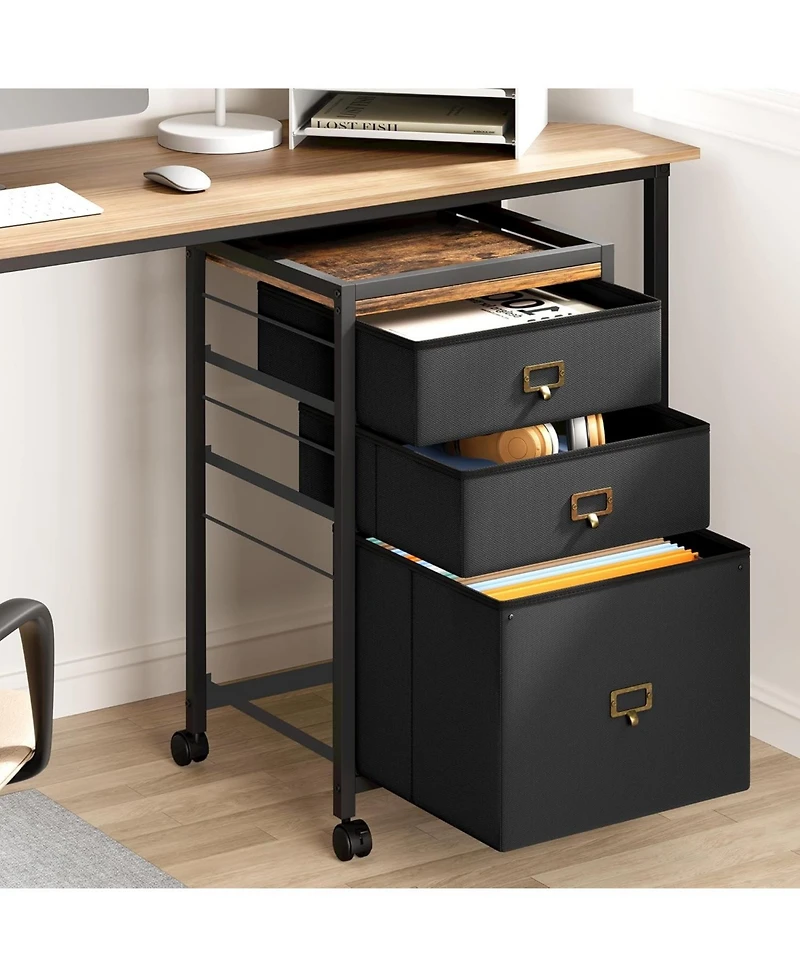 gaomon 3-Drawer Compact Mobile Filing Cabinet with Stylish Fabric, Storage Solution with Legs & Wheels, Bedroom, Black