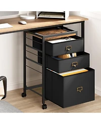 gaomon 3-Drawer Compact Mobile Filing Cabinet with Stylish Fabric, Storage Solution with Legs & Wheels, Bedroom, Black