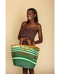 Evergreen Spirit Holiday Basket Handwoven Green & White Sisal Straw Basket Tote