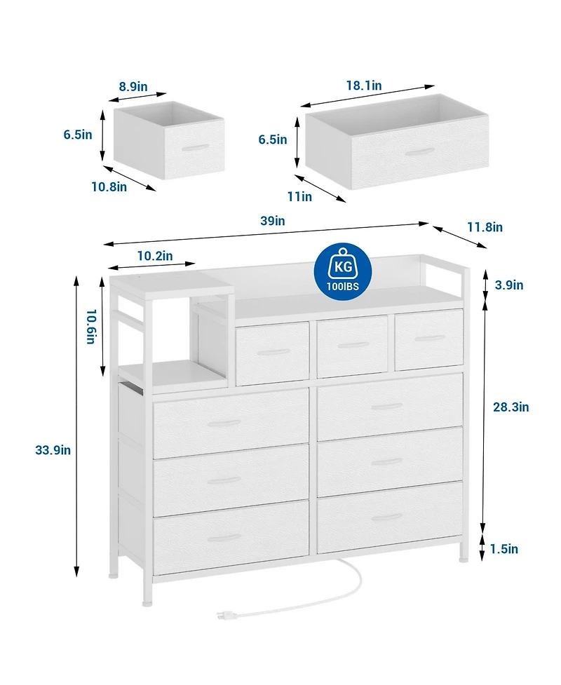 gaomon 9-Drawer Modern Dresser with Charging Station, Heavy-Duty Storage Chest, Power Cord, Bedroom, Living Room, Entryway
