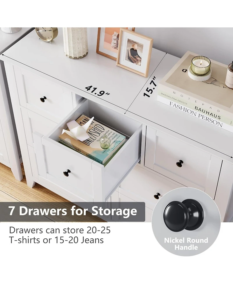 gaomon 7-Drawer Modern White Dresser, Wood Storage Cabinet Organizer Tv Stand for 48" Tv, Bedroom, Living Room, Entryway