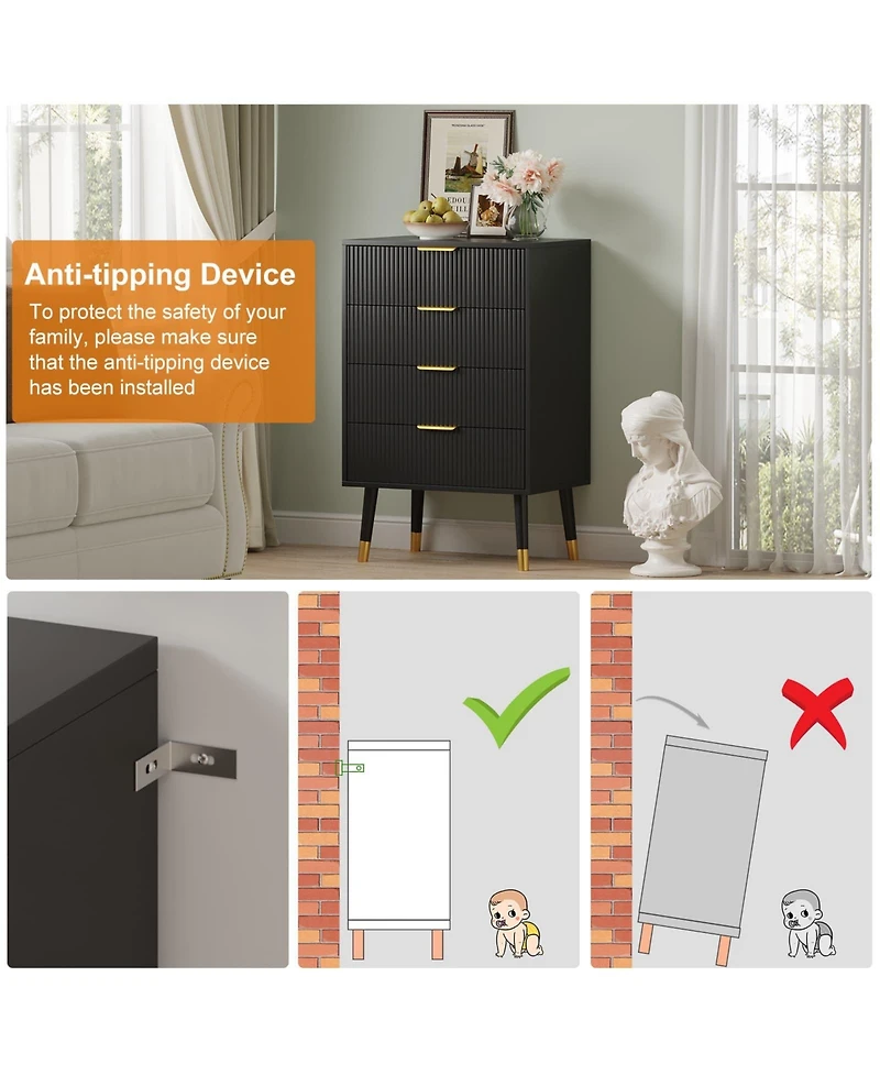 gaomon 4-Drawer Black Wood Dresser, Storage Chest Cabinet Organizer for Bedroom, Living Room, Hallway