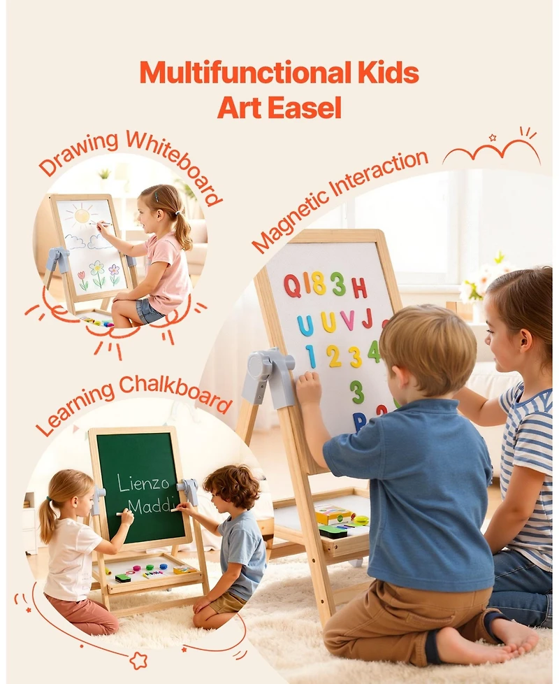 Mecale Kids Art Easel, 2-in-1 Wooden Double-Sided Easel with Whiteboard, Chalkboard and Painting Accessories