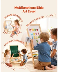 Mecale Kids Art Easel, 2-in-1 Wooden Double-Sided Easel with Whiteboard, Chalkboard and Painting Accessories