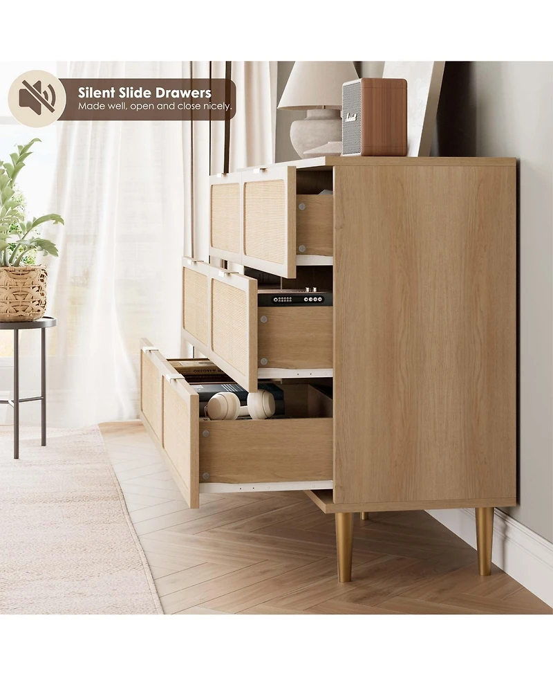 gaomon Rattan 6 Drawer Dresser for Bedroom, Large Double Dresser with Deep Drawers, Modern Chest Organizer