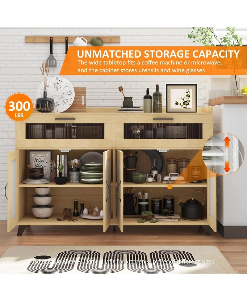 gaomon Farmhouse Storage Cabinet with Charging Station, Led Light, Rattan Buffet, Heavy Duty, Kitchen, Living Room