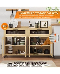 gaomon Farmhouse Storage Cabinet with Charging Station, Led Light, Rattan Buffet, Heavy Duty, Kitchen, Living Room