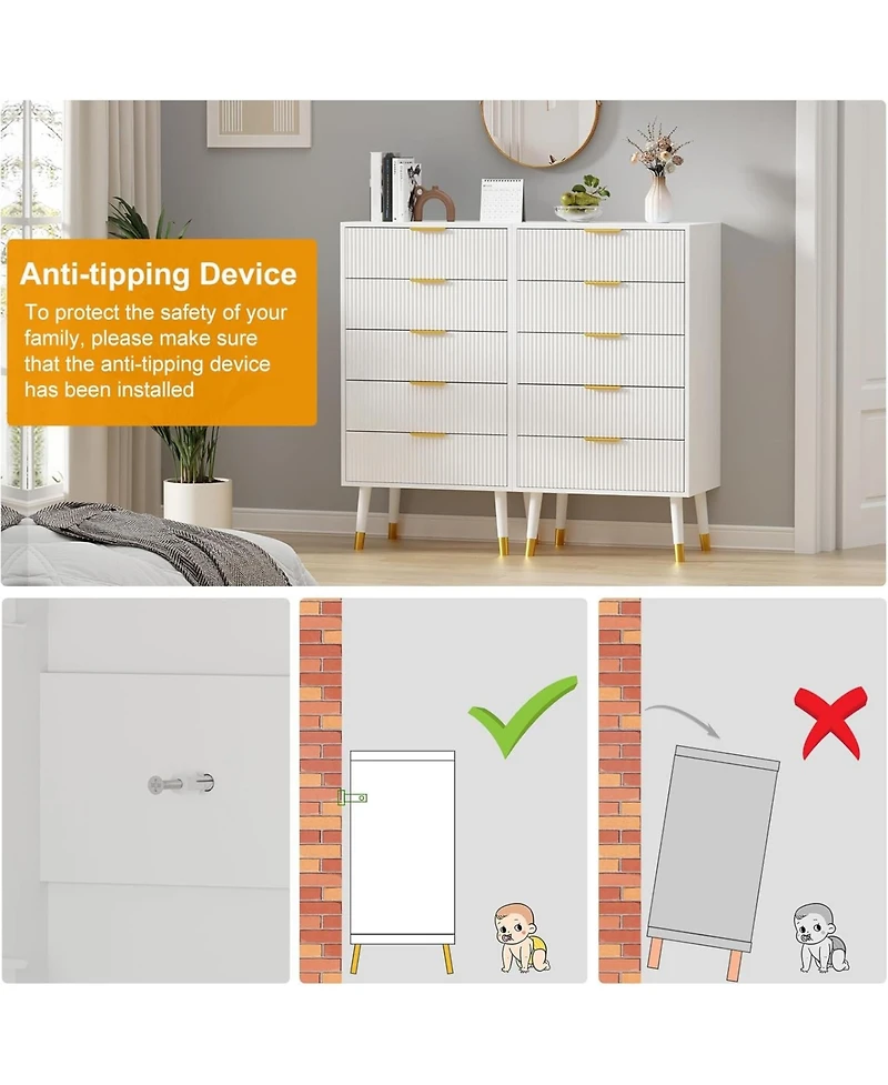 gaomon 5-Drawer Polished Metal Dresser, Metal Handles & Legs, Space-Saving Bedroom, Living Room, Hallway Cabinet, White