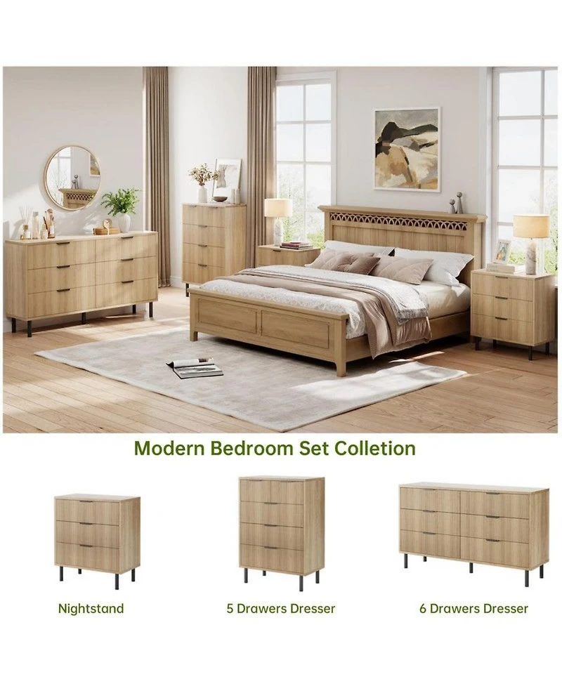 3-Drawer Modern Fluted Wide Wood Dresser, Chest Organizer with Metal Legs, Anti-Tipping for Bedroom, Living Room