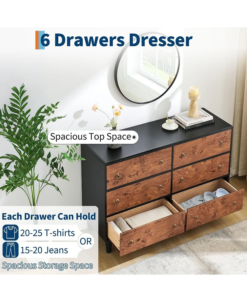 gaomon 6 Drawer Modern Dresser, Space-Saving Narrow Wood Chest with Curved Profile, Vintage Handles, Bedroom, Entryway
