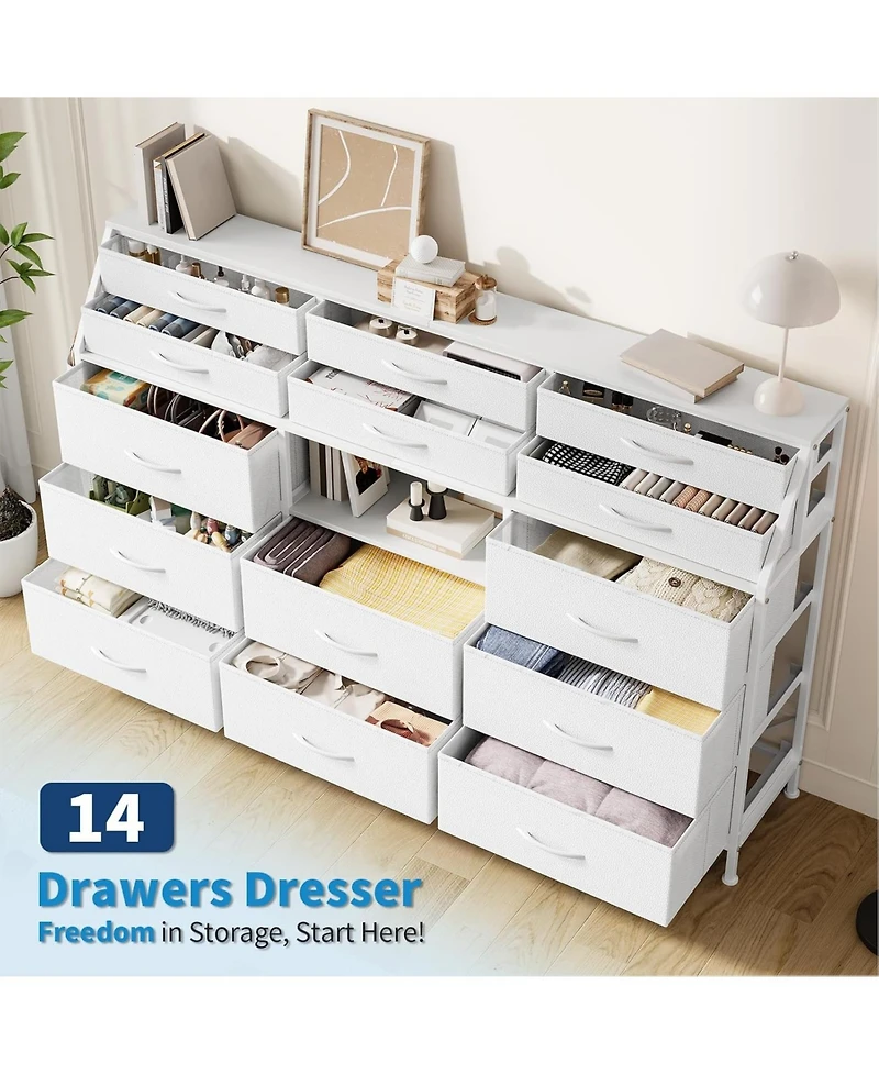 gaomon 14 Foldable Fabric Drawer Dresser with Wood Top, Tv Stand, Open Shelves, Metal Frame, Bedroom, Living Room, White
