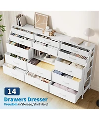 gaomon 14 Foldable Fabric Drawer Dresser with Wood Top, Tv Stand, Open Shelves, Metal Frame, Bedroom, Living Room, White