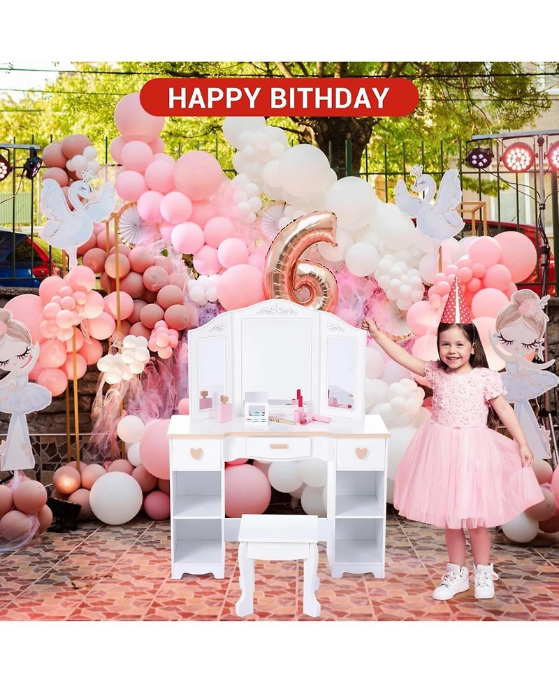 gaomon Kids 3 Drawer Wooden Dressing Table, Round Mirror with Lights, Stool, Modern Child Vanity Set