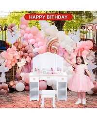 gaomon Kids 3 Drawer Wooden Dressing Table, Round Mirror with Lights, Stool, Modern Child Vanity Set