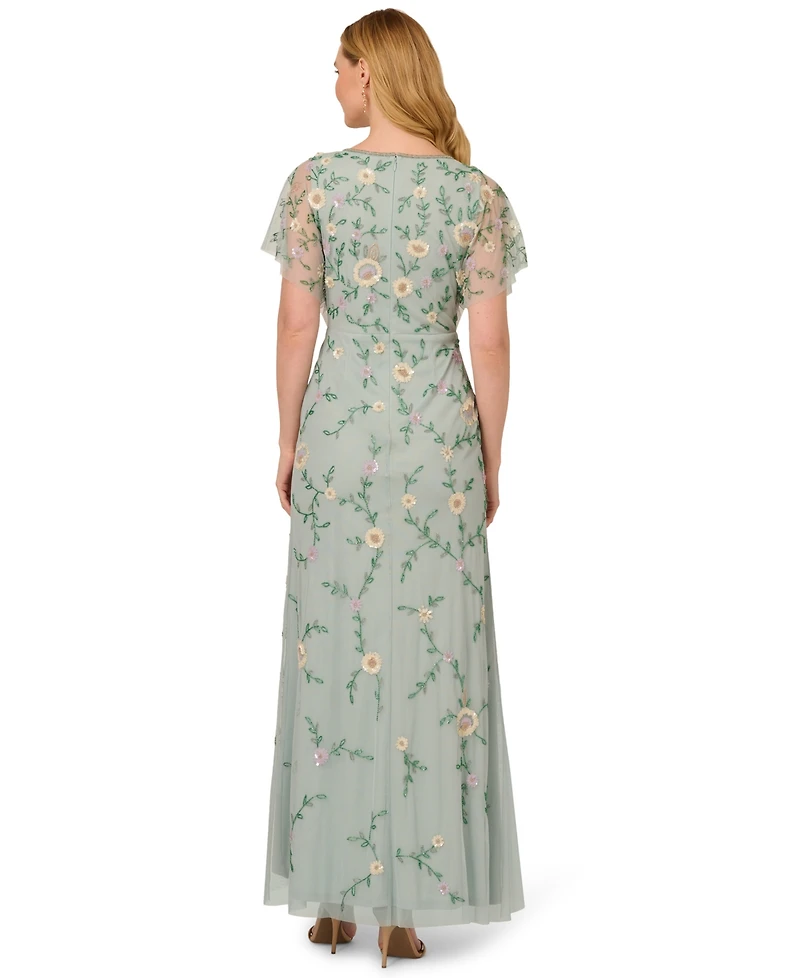 Adrianna Papell Petite V-Neck Beaded Mesh Gown