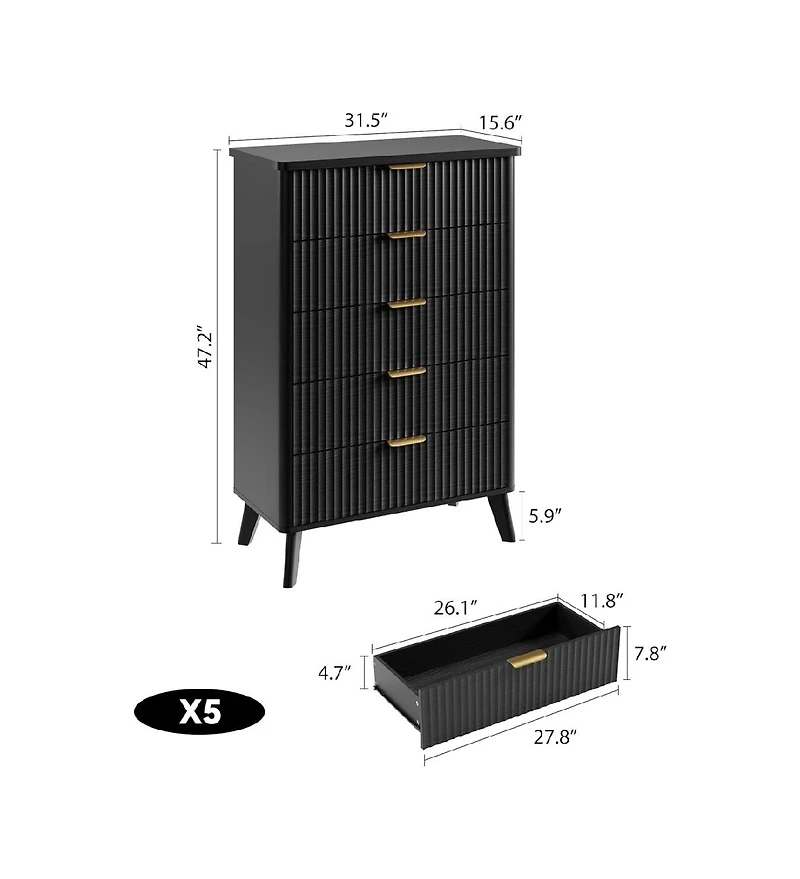 gaomon Fluted Dresser for Bedroom with 5 Deep Drawers, 47in Tall Chest of Drawers
