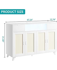 gaomon Rattan Sideboard Buffet Cabinet, 4 Doors 2 Drawers, Power Outlet, Led Lighting, Dining Room, Living Room