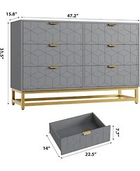 gaomon 47.2 Inch Grey 6-Drawer Modern Dresser, Wide Chest, Gold Metal Legs & Handles, Storage for Bedroom, Living Room, Hallway