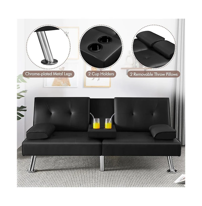Yaheetech Faux Leather Convertible Futon Sofa Bed with 2 Throw Pillows