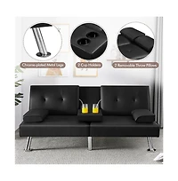 Yaheetech Faux Leather Convertible Futon Sofa Bed with 2 Throw Pillows