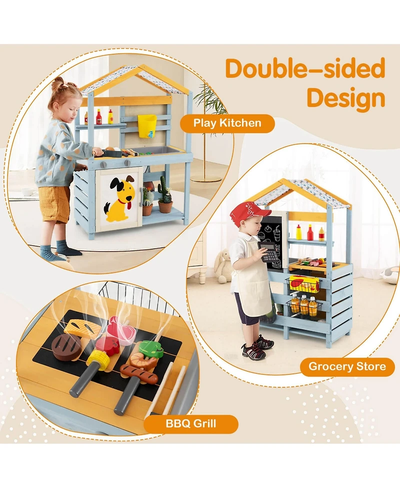 Costway 2-in-1 Wooden Outdoor Mud Kitchen and Grocery Store Play Kitchen with Sink