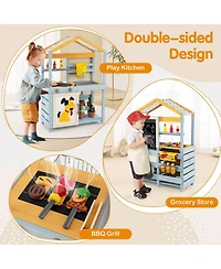 Costway 2-in-1 Wooden Outdoor Mud Kitchen and Grocery Store Play Kitchen with Sink