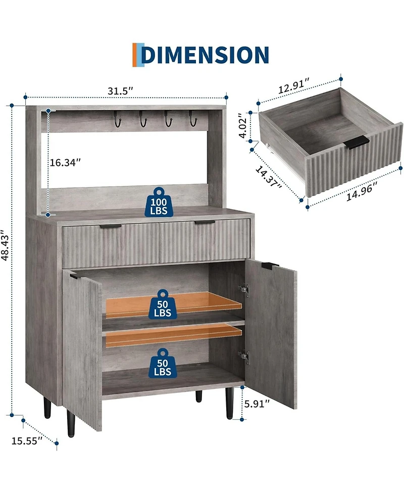gaomon Fluted Sideboard Buffet Cabinet with 2 Drawers, Adjustable Shelves, Coffee Bar Storage Console