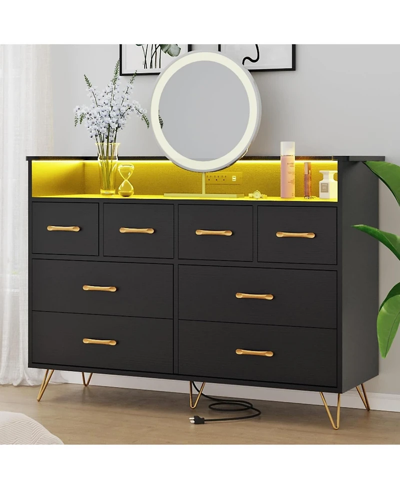 gaomon 8-Drawer Led Light & Charging Station, Wooden Chest, Open Shelf Modern Dresser