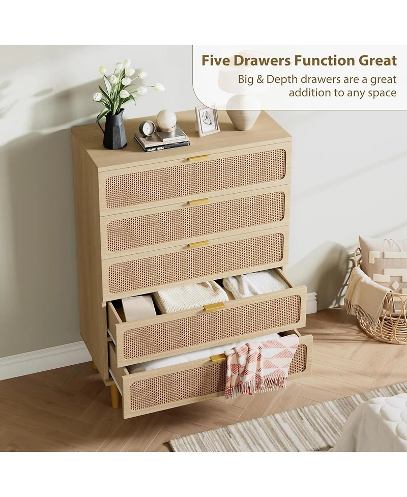 gaomon 5 Drawer Rattan Chest of Drawers with Deep Drawers, Modern Storage Cabinet Dresser