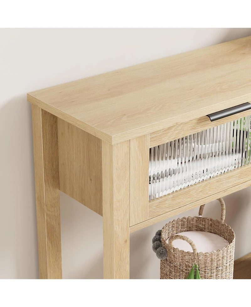 gaomon Wooden Entry Console Table with 2 Glass Drawers, Stylish Versatile Storage Solution, Oak Finish