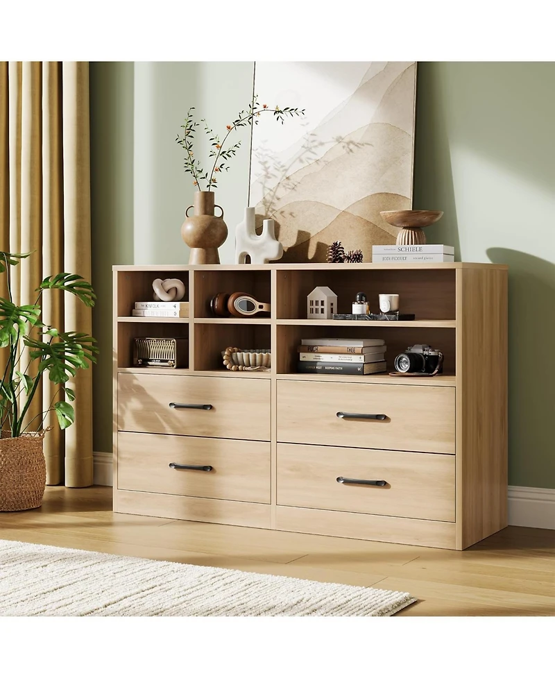 gaomon 47" 4-Drawer Wood Dresser with 6 Open Cubbies and Adjustable Storage, Modern Tv Stand