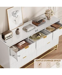 gaomon 53.5 Inch White 7-Drawer Modern Dresser, Triple Chest, Gold Accents, Long Storage for Tv Stand, Closet, Living Room